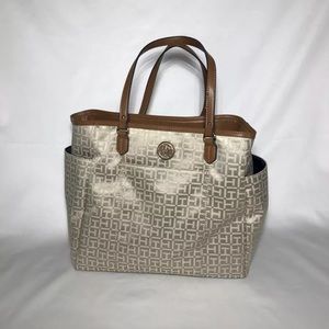 TOMMY HILFIGER BROWN LOGO FABRIC LG TOTE HANDBAG